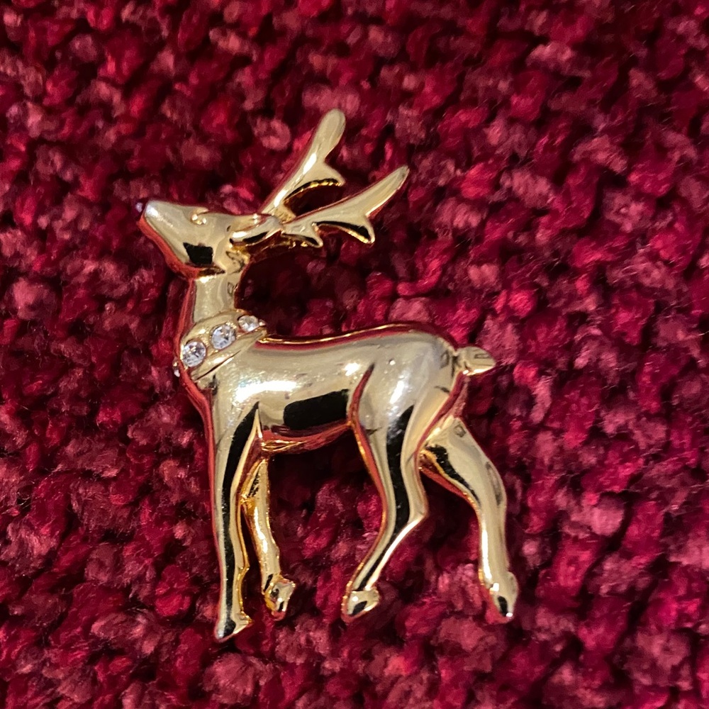 Vintage Gold Reindeer Brooch with Rhinestones